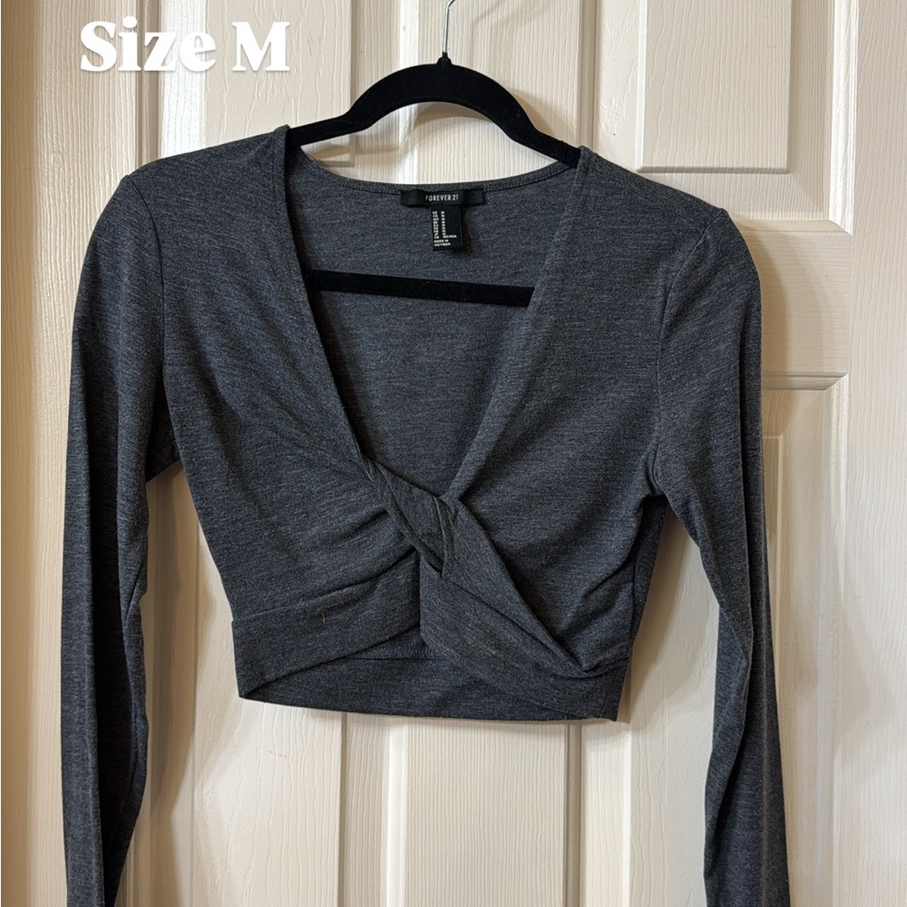 Forever 21 Charcoal Twist-Front Long Sleeve Crop Top